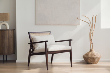 Fototapeta premium Modern scandinavian style interior with chair and trendy vase, Home staging and minimalism concept, Soft natural light, calm cozy atmosphere.