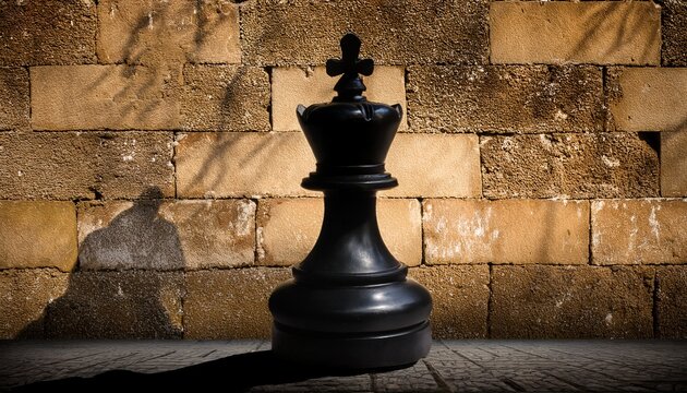 shadow of a chess king casts on cracked stone wall