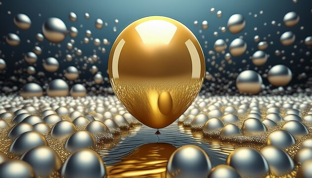 single golden balloon floats above a sea of silver spheres