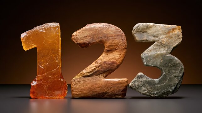 Numbers 1, 2, and 3 are created from honey, wood, and stone on a dark surface with warm studio lighting. There is space for text.
