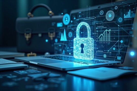 Conceptual Image Showcasing a Glowing Digital Lock Superimposed on Business Assets Like Briefcases, Laptops, and Documents, Enhanced by Futuristic Technological Visuals