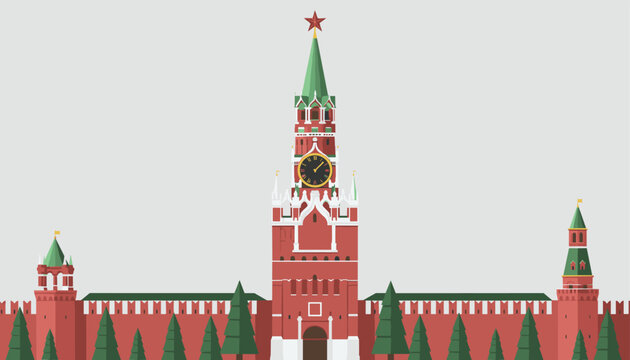 Detailed pixel art illustration depicts the iconic kremlin walls and towers in moscow, russia, under a grey winter sky.