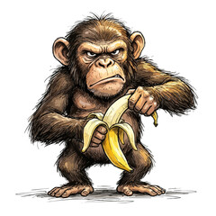 Obraz premium Grumpy chimpanzee holding a banana in a stylized sketch illustration with chimpanzee wildlife illustration character primates