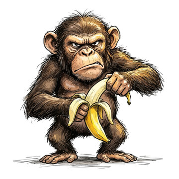 Grumpy chimpanzee holding a banana in a stylized sketch illustration with chimpanzee wildlife illustration character primates