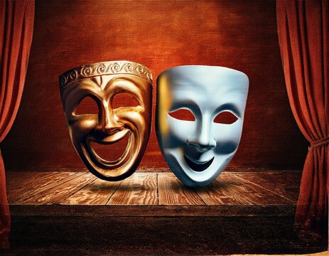 artistic theater poster design featuring masks retro backdrop of an aged stage on textured surface masks representing tragedy and comedy