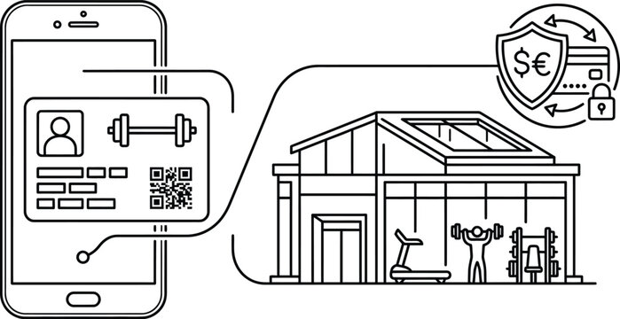 Digital gym membership app concept with secure mobile payment and facility access.