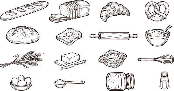 Bakery product assortment showcases hand drawn bread baguette croissant and baking utensils