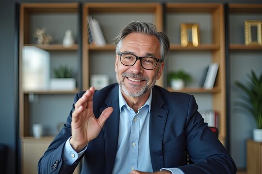 Dynamic Executive Leader Engaged in Strategic Video Call, Expressively Gesturing Against a Modern Office Backdrop of Awards and Team Photos