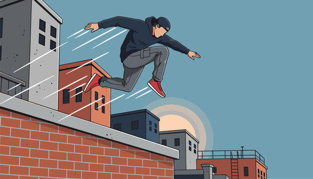 Parkour athlete in a dark hoodie and gray pants performing an impressive jump between city rooftops at sunset.