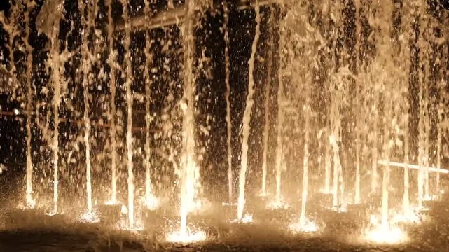 Illuminated ground water fountain spraying at night.