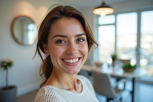 Client Proudly Displaying Their Radiant Smile in a Contemporary Clinic, Embodying Confidence and Transformation Post-Cosmetic Dental Treatment.