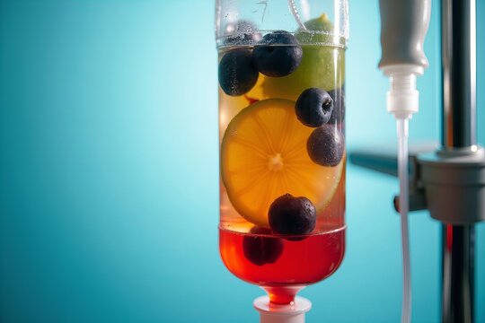 Vibrant Fruit-Infused IV Bag Against a Sterile Background: Showcasing the Bright Colors of Fresh Fruits and the Intricate Details of IV Equipment