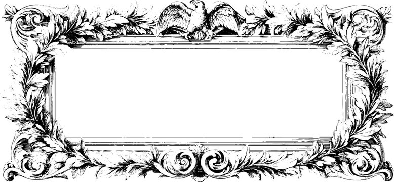Antique engraved rectangular frame with heraldic eagle and laurel ornament for royal certificate border and formal label design