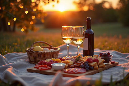 Charming Sunset Picnic: Delightful Charcuterie, Artisan Wines, and Cozy String Light Ambiance