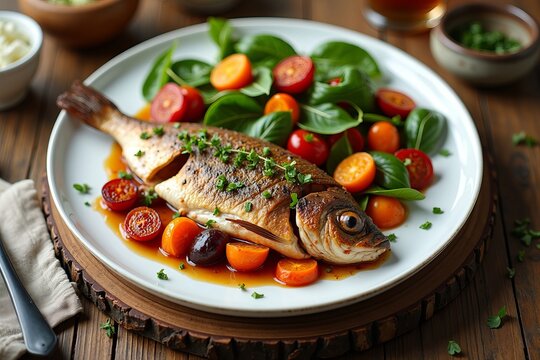 Stunning Overhead View of a Stylishly Plated Grilled Fish with Colorful Roasted Vegetables and Fresh Herb Garnish on a Rustic Wooden Table