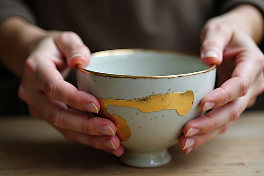 Delicately Applying Gold Lacquer to the Seams of a Restored Ceramic Bowl: Celebrating the Beauty of Imperfections and the Transformative Art of Healing