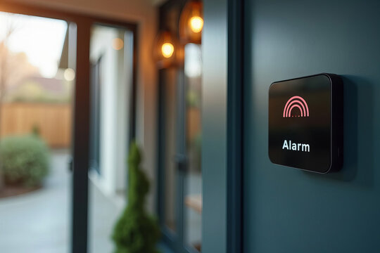 Close-Up of a Sleek Alarm Sign on a Modern Entrance Door, Highlighted by Contemporary Home Design