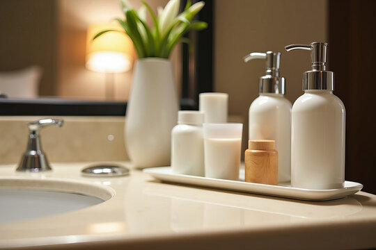 Close-Up of Immaculately Arranged Toiletries and Mini-Bar Essentials on a Polished Hotel Room Counter, Showcasing Attention to Detail