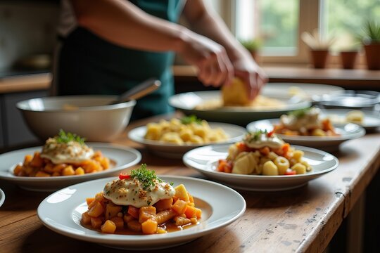 Embrace a Warm Kitchen Atmosphere: A Wooden Table Adorned with Artfully Plated Gluten-Free Delights, Bathed in Soft Natural Light, Showcasing the Chef's Hands at Work
