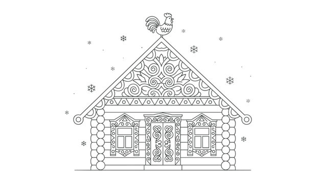 Line drawing of a traditional Russian wooden cabin features intricate carved decorations and a rooster weather vane.