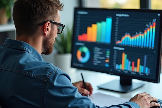 Intense Focus: A Man Analyzing Vibrant Charts and Graphs on a Computer Screen, Notepad and Pen in Hand