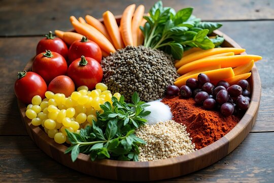 Create a Vibrant Circular Display of Colorful Fruits, Herbs, and Spices on a Rustic Wooden Surface, Enhanced by Soft Natural Light