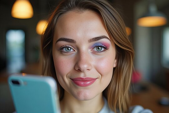 Intimate Capture of a Young Woman Experiencing Virtual Makeup Application on Her Smartphone, Highlighting a Vivid Palette of Lipstick and Eyeshadow.