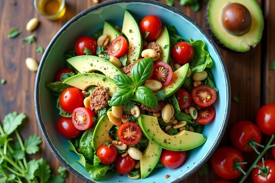 Bird's-Eye View of a Colorful Gluten-Free Salad Bowl in the Making with Fresh Greens, Cherry Tomatoes, Avocados, and Nuts