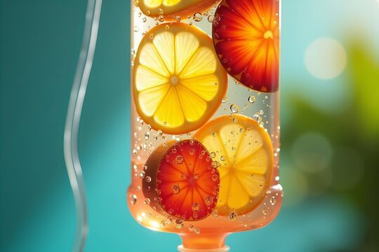 Tropical Bliss: Close-Up of a Clear IV Bag Overflowing with Vibrant, Fruit-Infused Elixir Featuring Slices of Mango, Lemon, and Other Tropical Delights