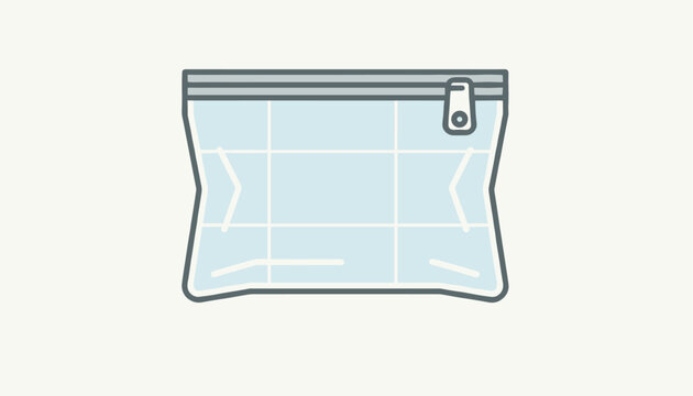 Minimalist vector illustration of a transparent plastic travel pouch or clear cosmetic bag with a zipper and light blue interior accents.