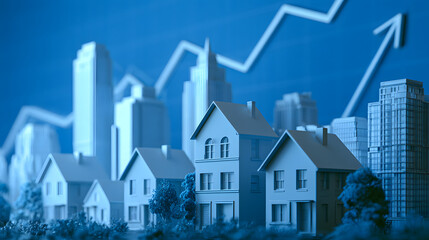 Miniature houses and skyscrapers set against a blue background with a rising chart arrow representing business growth, financial success, and real estate market investment concept in a clean 3D render