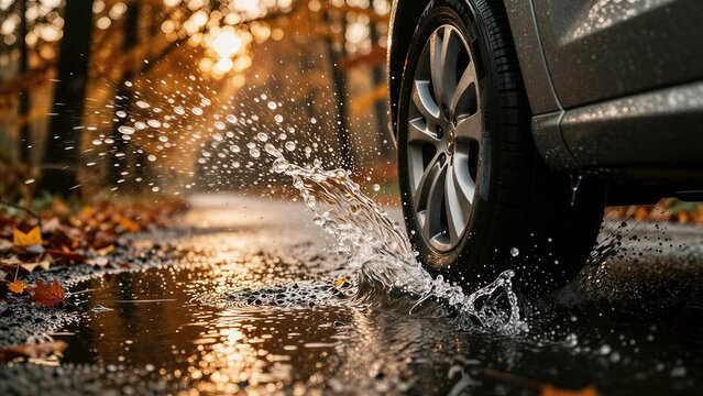 Car tire splashing water in autumn puddle on wet road, dynamic action shot, fall driving safety concept