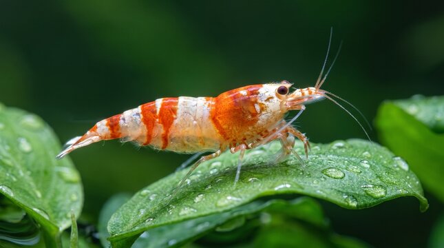 Red crystal shrimp on wet green leaf freshwater aquarium hobby