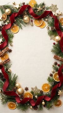 Christmas wreath with red ribbon and dried oranges arranged on a neutral surface with copy space