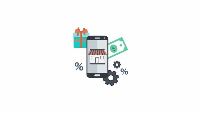 Smartphone shop icon with gift box and currency symbol display discounts. Suitable for technology or retail promotions marketing materials.