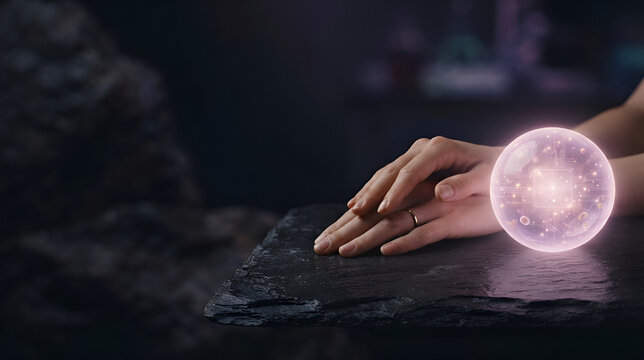 Hands of a woman with medium skin tone touching a glowing purple orb on dark stone surface, mystical energy