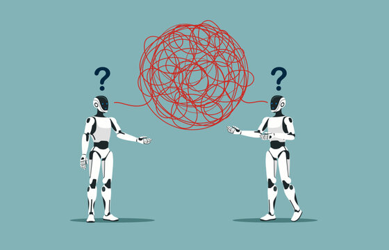 Humanoid robot  and cyborg have troubles with understanding each other. Problems in communication. Misunderstanding create confusion in work, miscommunicate unclear information. Vector illustration.