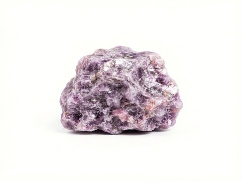 Rough purple lepidolite mineral specimen with crystalline texture isolated on white background
