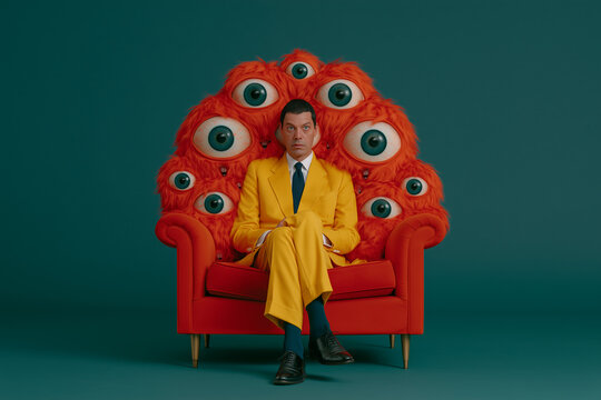 Surreal Businessman Sitting on Eyeball Covered Chair