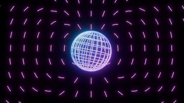 Futuristic Glowing Wireframe Globe Sphere with Neon Electromagnetics Field Motion Loop Background. 4K footage