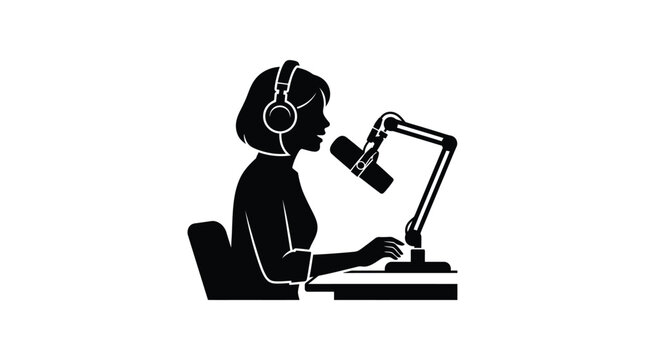 Podcaster with microphone and laptop black silhouette