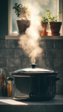 A modern black slow cooker emits aromatic steam while cooking a delicious meal in a sunlit kitchen. Fresh herbs and natural light create a cozy, inviting atmosphere for home cooking