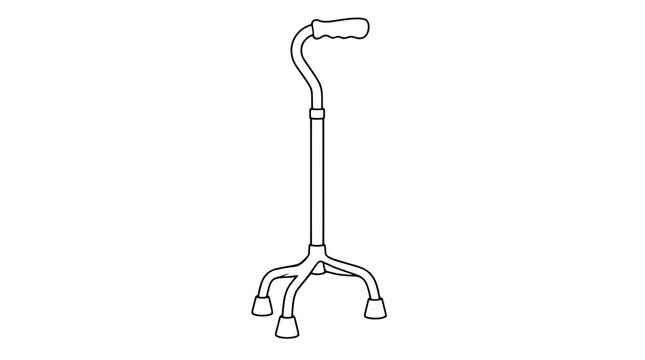 Black outline vector icon of a quad cane with contoured handle, collar and four-legged splayed base with rubber tips rendered in thin lines in upright profile conveying stable support structure