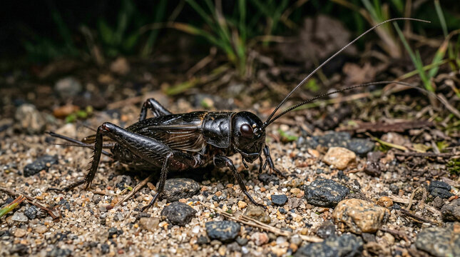 Grillo campestre negro con largas antenas y exoesqueleto brillante, fotografiado en primer plano sobre un suelo arenoso y pedregoso durante la noche.
