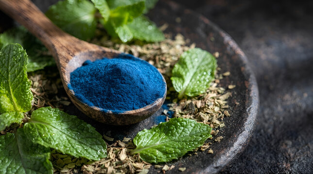 Vibrant blue spirulina powder in wooden spoon surrounded by fresh mint leaves and sand on dark surface