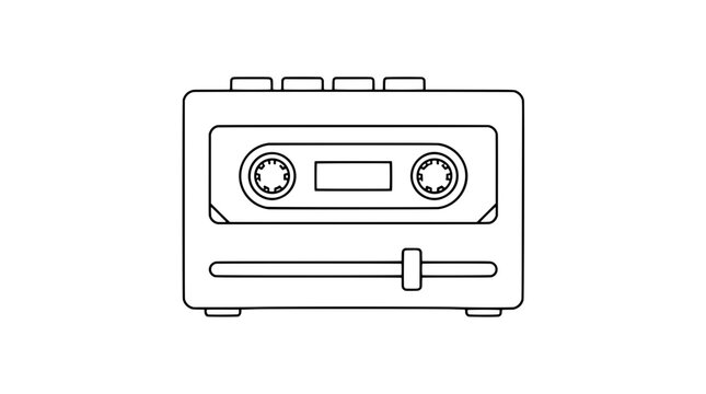 Black outline vector icon of a front facing cassette player drawn with medium lines featuring top control buttons, tape window with two reels and horizontal volume slider on plain white