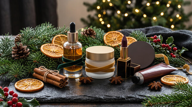 Festive natural cosmetic products with pine branches and dried oranges on dark slate board