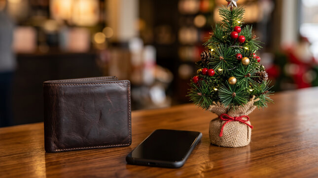 Leather wallet and smartphone next to small decorative christmas tree on wooden table