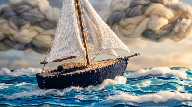 Handmade knitted sailboat sailing on felted ocean waves under chunky yarn clouds