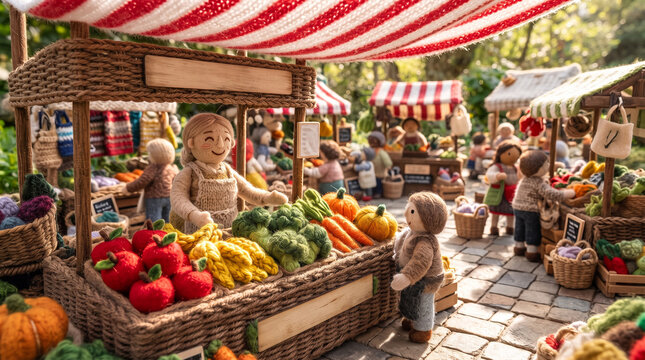 Miniature knitted farmer market stall with felted vegetables and yarn people